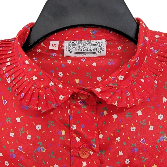 The Villager VTG Red Mini Floral Print Button Down Long Sleeve Women's Size 16 - Picture 4 of 12